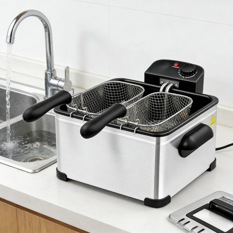 5L stainless steel, 1400 watt electric fryer, 1 large basket and 2 small baskets dual-use - classic stainless steel cookware with cold touch function, American standard three plug