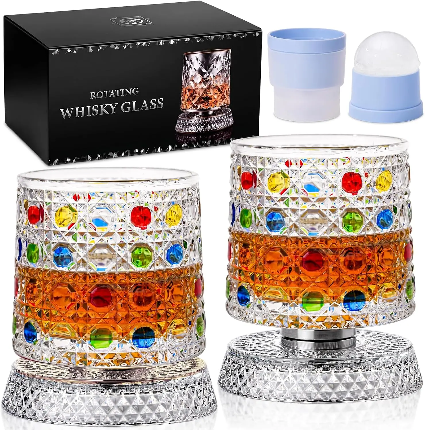 Hand-Painted Spinning Old Fashioned Glass Set of 2, 9oz 360° Rotating Whiskey Glass with Ice Ball Molds, Gemstone Rotating Bourbon Tumbler for Cocktails Rocks, Unique Home Bar Gift for Men Father’s Day Housewarming
