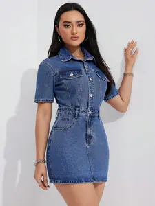 Graduation Season Bestseller, Chic Casual Style, Bohemian Farmhouse Look, Washed Short Sleeve Knee-Length Denim Dress, Casual Wear, Womenswear
