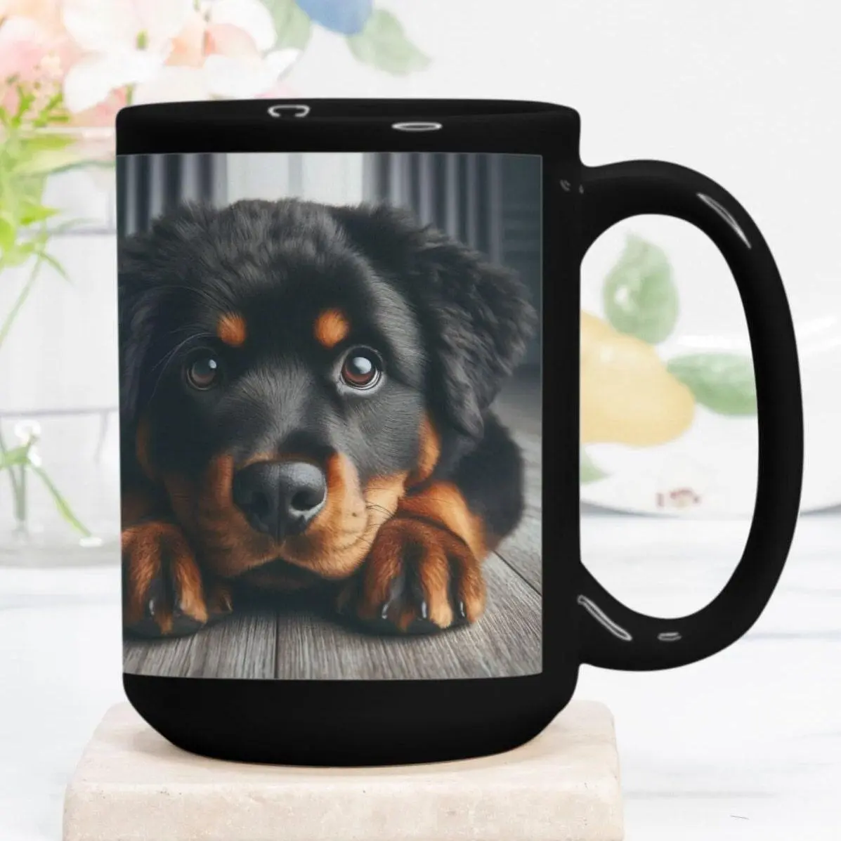 DREAMER MUGS Rottie Rottweiler dog cup glass Mug Deluxe 15oz. Black
