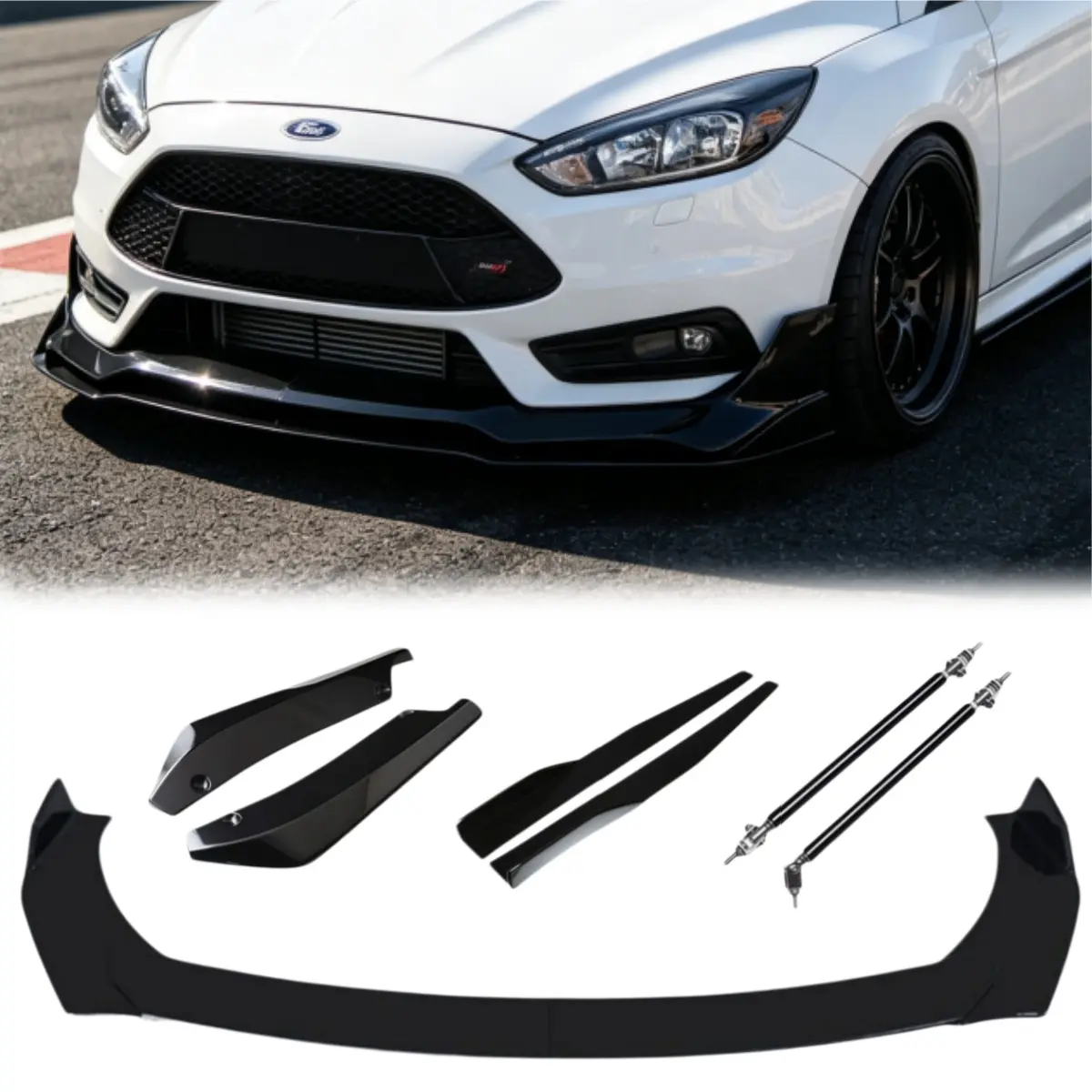 Aftermarket PP Plastic Multiple-Pieces Bumper Kit for Ford Focus, Mondeo, Mustang, Escort – 9PCS/7PCS Glossy Adjustable 4-Section Front Chin Spoiler, Front Lip Splitter, Side Skirt & Rear Lip Protection (Requires Screw)