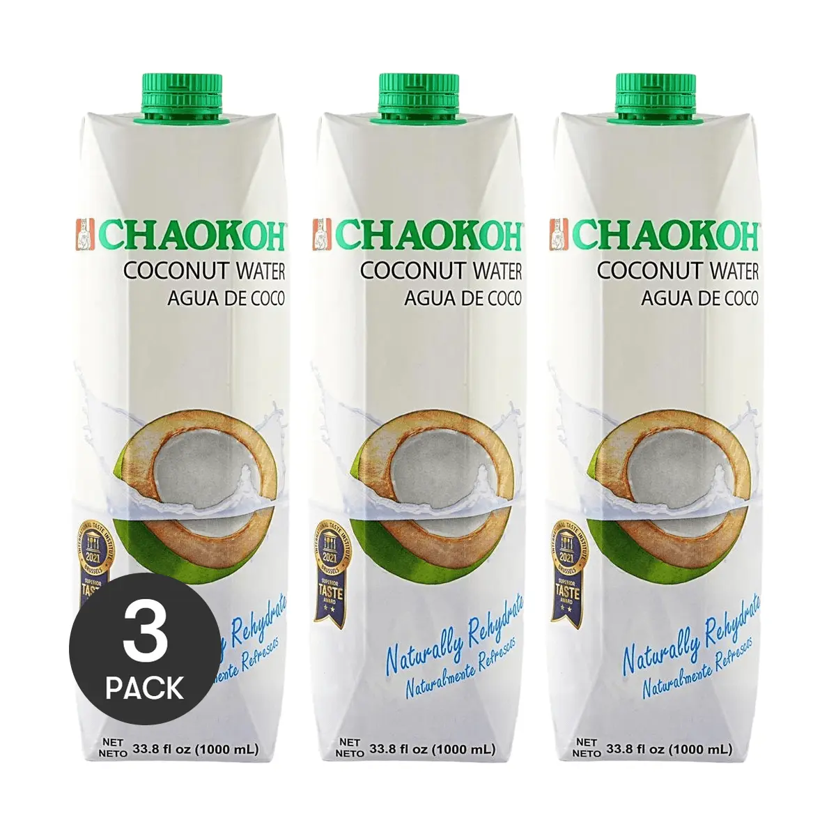 3 Pack CHAOKOH 100% Coconut Water 33.8 fl oz Each - Thai Natural NFC, 0 Sugar 0 Fat, Electrolyte Hydration