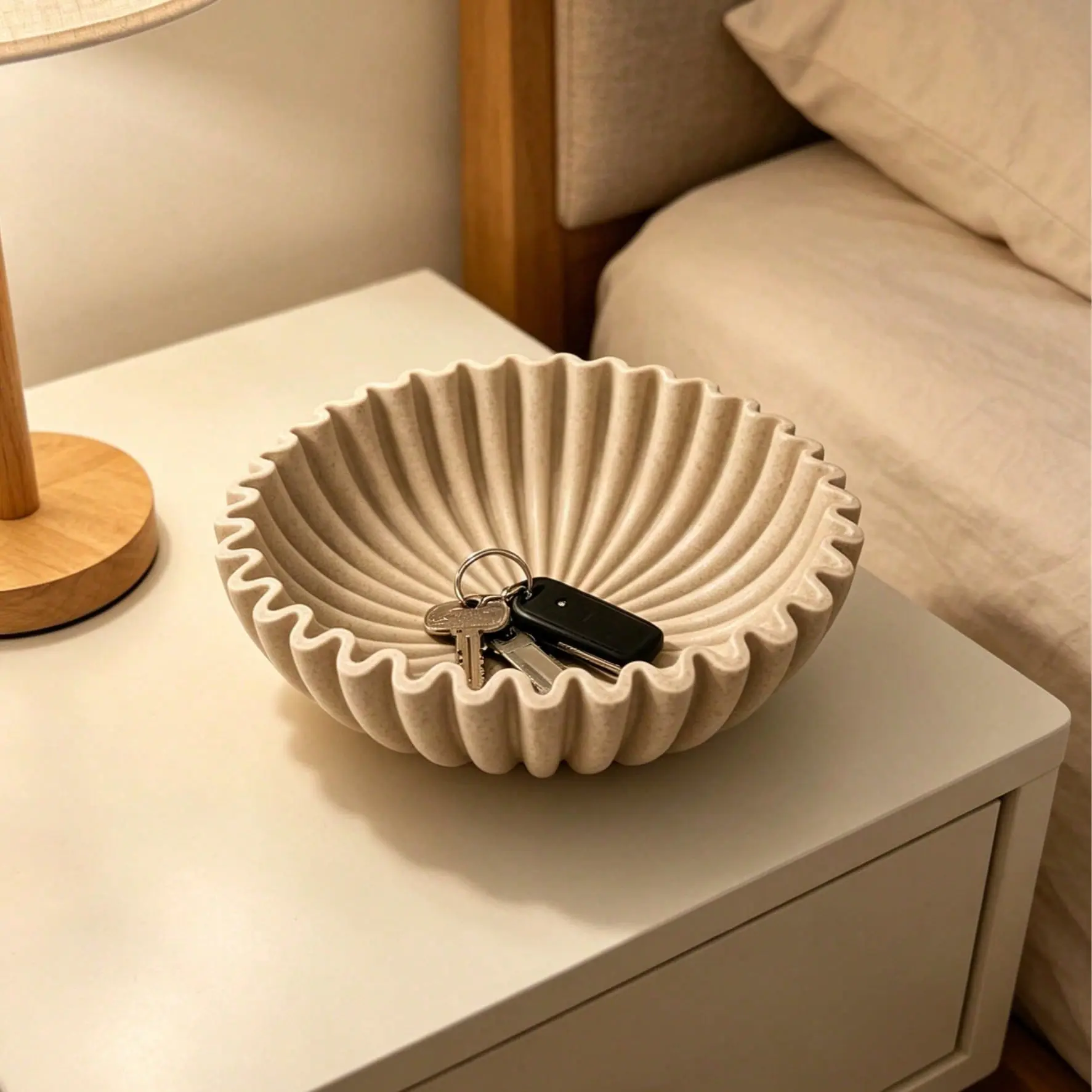 Handmade Large Decorative Bowl - White Decorative Bowl - Home Decor Bowl - Textured Concrete Decorative Bowl - Grooved Bowl - Fan-Shaped Bowl / Vintage Scallop Bowl / Vintage Ring Dish Gift / Home Decor Bowl, Ruffle Trim Floral Bowl