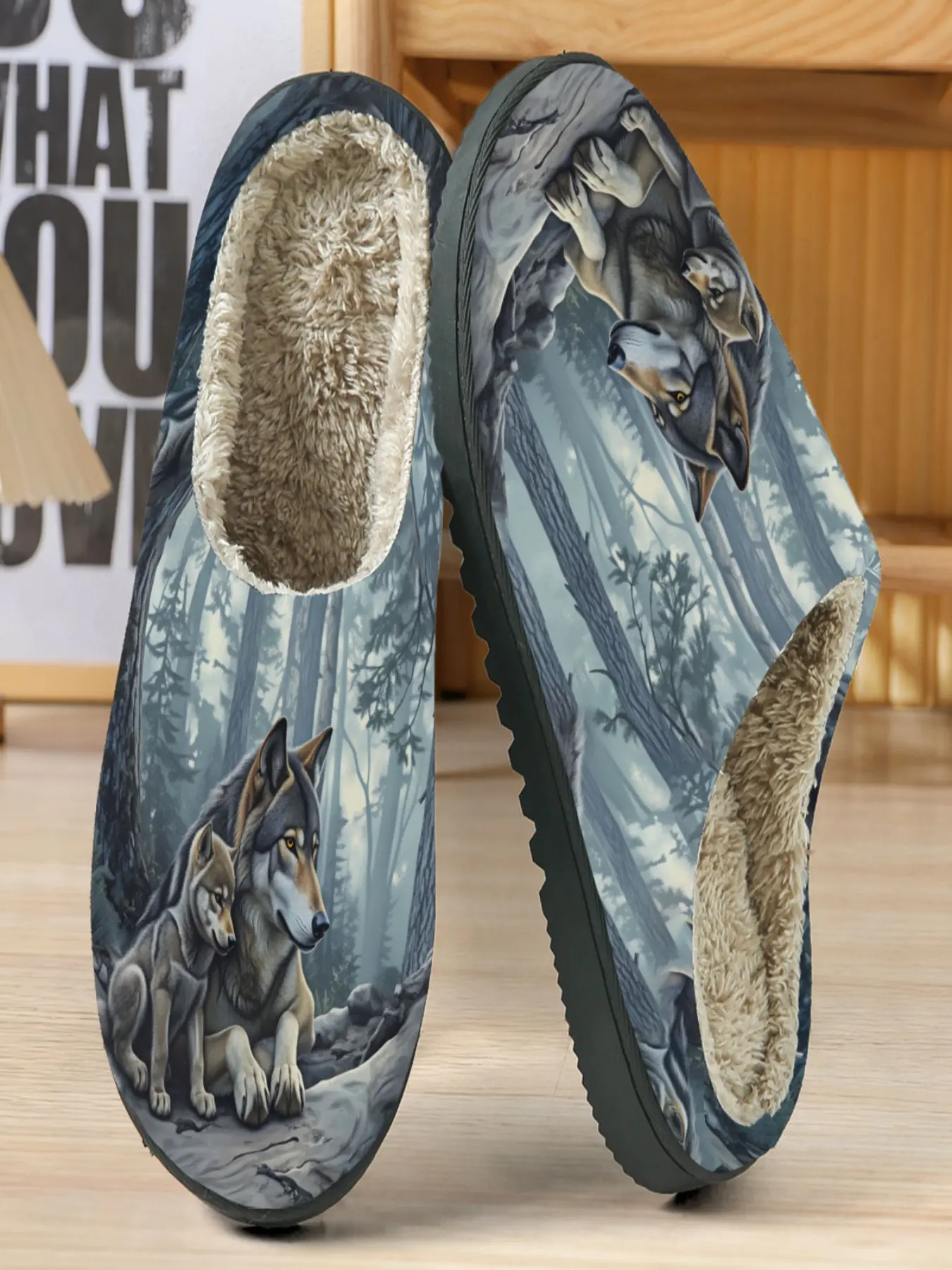 Wolf Cotton Slippers with Fuzzy Lining, Cold Tone Forest Wolf Pattern, Comfortable Home Wear, Casual Style, Fall & Winter