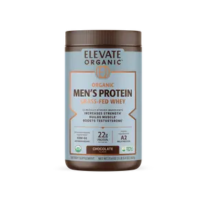 Elevate Organic Men's Protein Powder, Grassfed Whey with KSM-66 Ashwagandha, Tribulus & Mucuna 22g Protein, Testosterone & Strength ,Certified Organic — Chocolate / Vanilla (18 Servings)