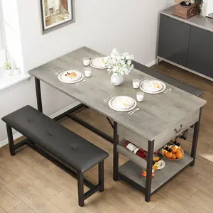 Garvee Dining Table Set for 4, Kitchen Dining Table Set with Upholstered Benches, Kitchen Dining Room Table with Storage Drawers & Wine Rack for Small Space-Grey