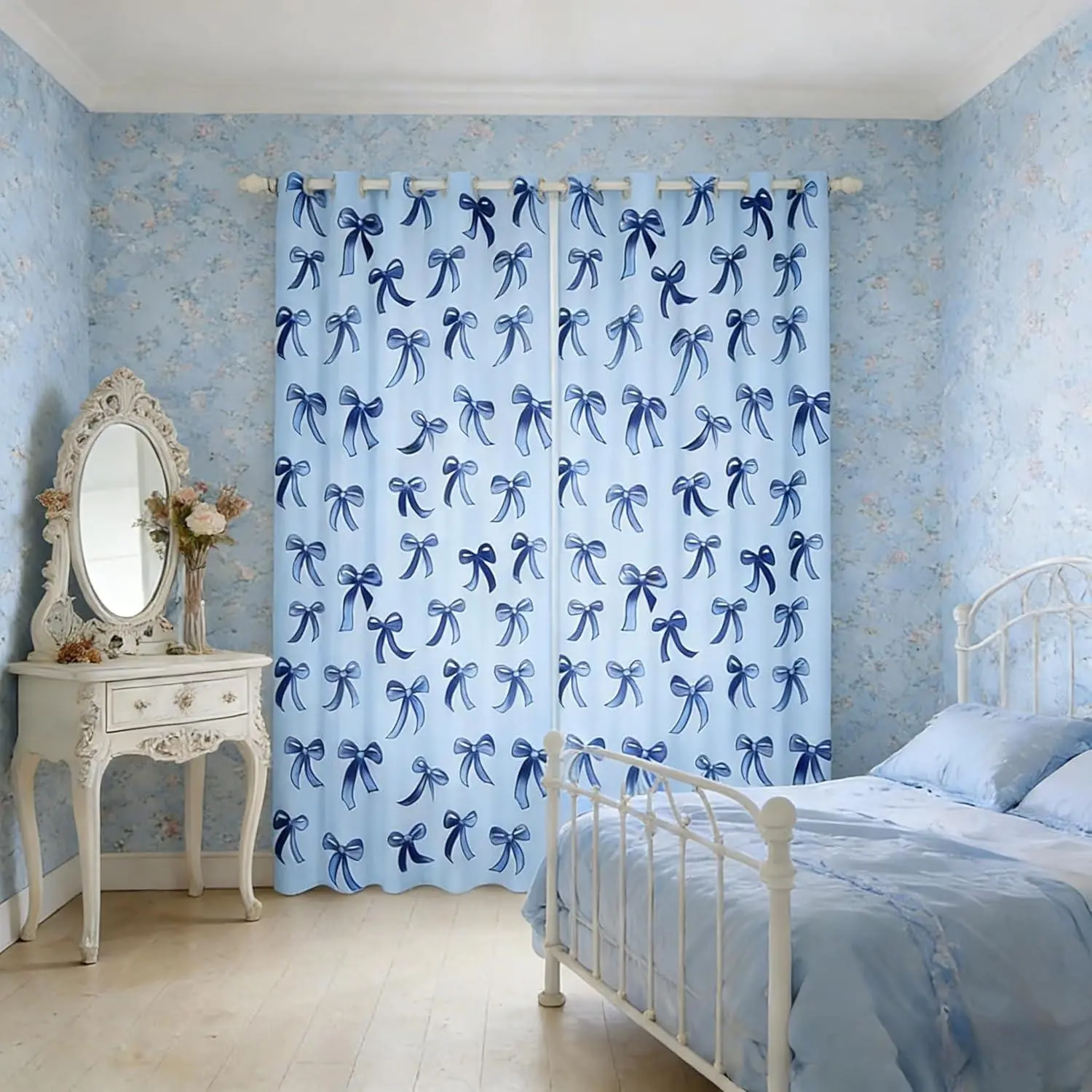 Bow Knot Blackout Curtains 76x45,Kawaii Simple Bows Insulated Curtains,Cute Cartoon Dreamy Printed Kids Teens Curtains & Drapes for Living Room Bedroom,Baby Blue Ribbon Window Curtains