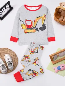Boys' Excavator Print Cartoon Print Pajama Set, Round Neck Long Sleeve Top & Pants, Casual Fitted Home Wear, Print Sleepwear, All Seasons Comfort