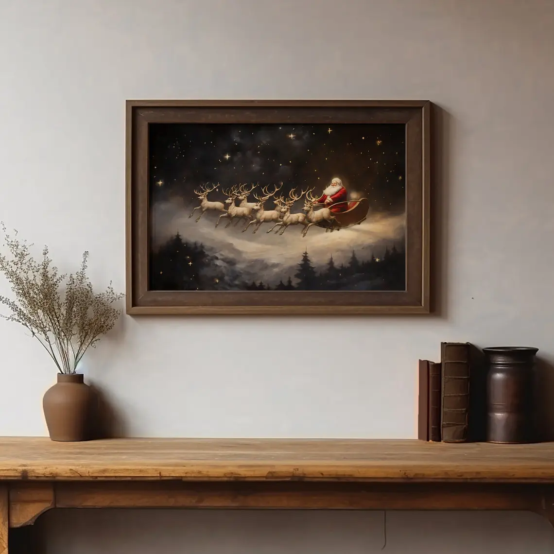 Santa Claus Art Print | Christmas Wall Art | Sleigh & Reindeers Art Print | Vintage Festive Seasonal Home Décor, Frameless