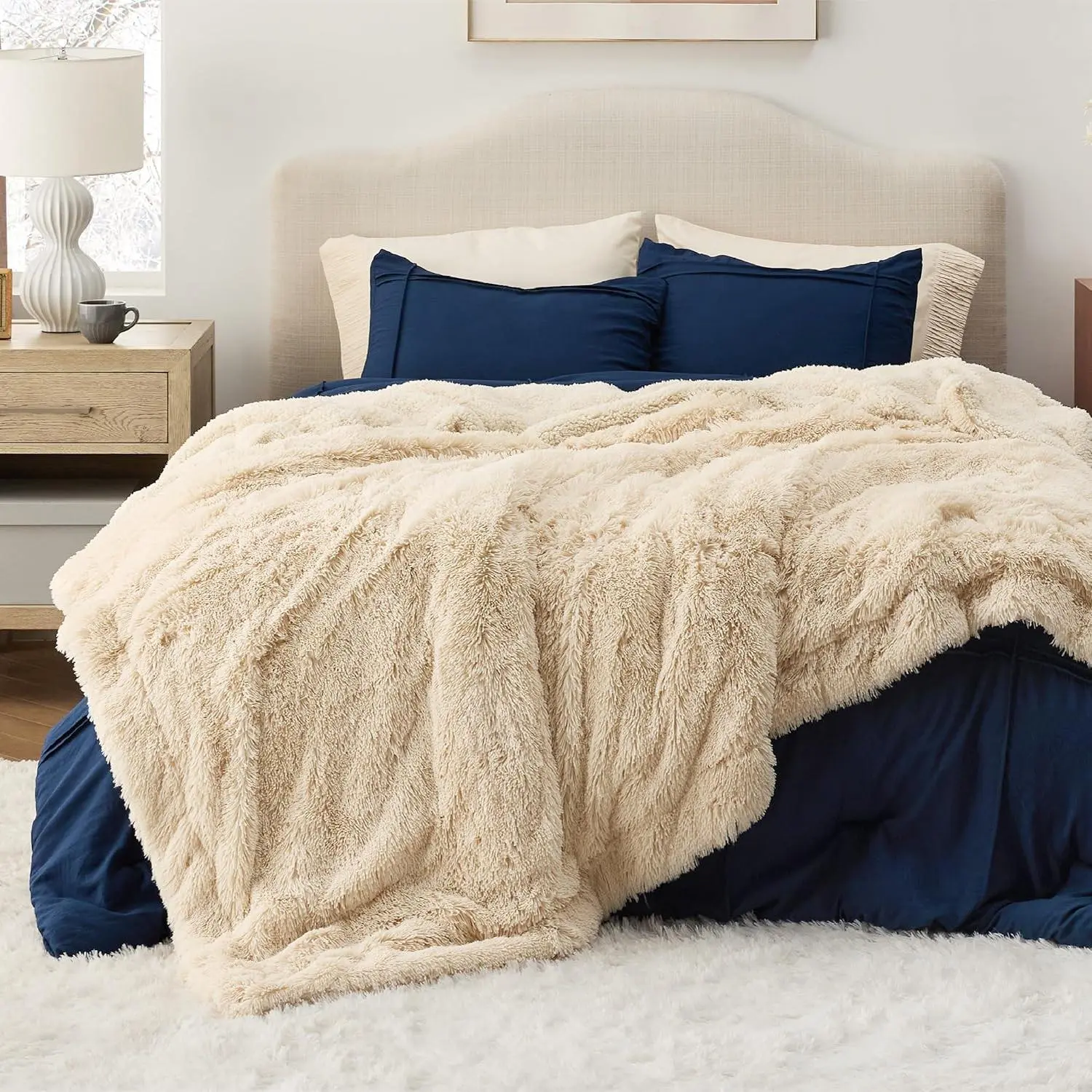 Fluffy Beige King Size Soft Bed Blanket - Thick Sherpa Faux Fur Soft Cozy Throw, Winter Warm Heavy Oversize 108x90 in Bedding Blanket, Gifts for Adults