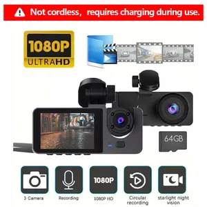 HD Car DVR with Dual Lenses, Loop Recording and 64GB Memory Card, Car Rear View Camera, Driving Recorder, 1080P, TIKTOKBLACKFRIDAY