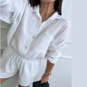 [US shipping]Joyfunear Women's solid color woven button up shirt top and shorts set