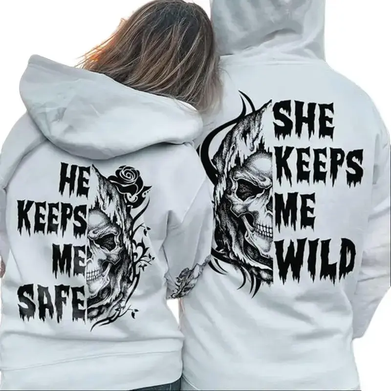 Skull Couple - All Over Hoodie She Keeps Me Wild He Keeps Me Safe Graphic Couple Hoodies Casual Fleece Fabric Pullover for Women for Men, Perfect Gift Classic Cotton Pullover Couple style Unisex Gift for Birthday Christmas Valentine's Day
