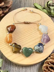 Bohemian Casual Seven-Color Heart Stone Beaded Adjustable Heart Charm Bracelet, Vintage Unisex Yoga Energy Heart Design Bracelet for Daily Wear