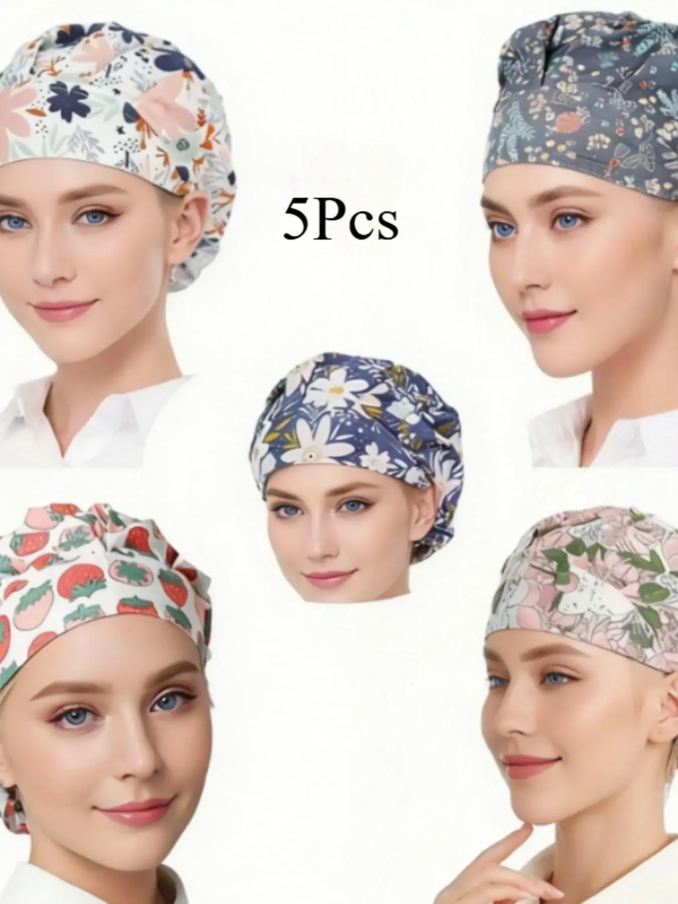 5 Pcs Unisex Adjustable Elastic Chef Hat Headwear, Kitchen Cooking Baker Plant Pattern Chef Cap, Dustproof Design Work Hat, Universal Fit for Men and Women, Unisex Appeal