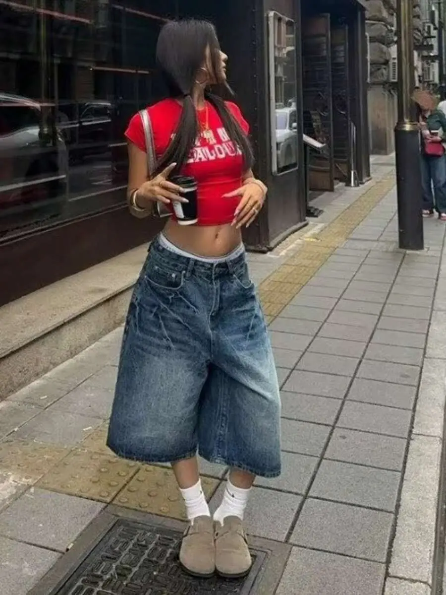 KOOZ Y2K Vintage Washed Cat Whisker Pocket Wide Leg Bermuda Denim Jeans Shorts, Casual Capri Pants Summer