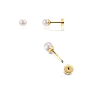 14K Gold Screw Back Pearl Stud Earrings for Women,Flat Back Pearl Cartilage Earrings Pearl Helix Earrings Hypoallergenic 316L Surgical Steel Piercing Jewelry Gift for Toddlers (5mm Pearl, Gold)