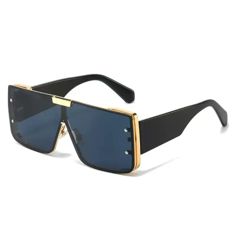 One Piece Square Rimless Sunglasses For Men Women, Gold Metal Rivet Oversized Flat Top UV400 Fashion Shades