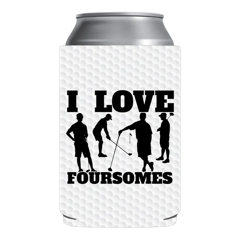 'I Love 4somes' Golf Beer Can Coolie - Durable for Repeat Use, Beach Trip Ready, Adds Instant Party Humor, Portable White Drinkware Sleeve, Quick 24h Ship, Mens Gift for Indoor/Party Use Gag Gift