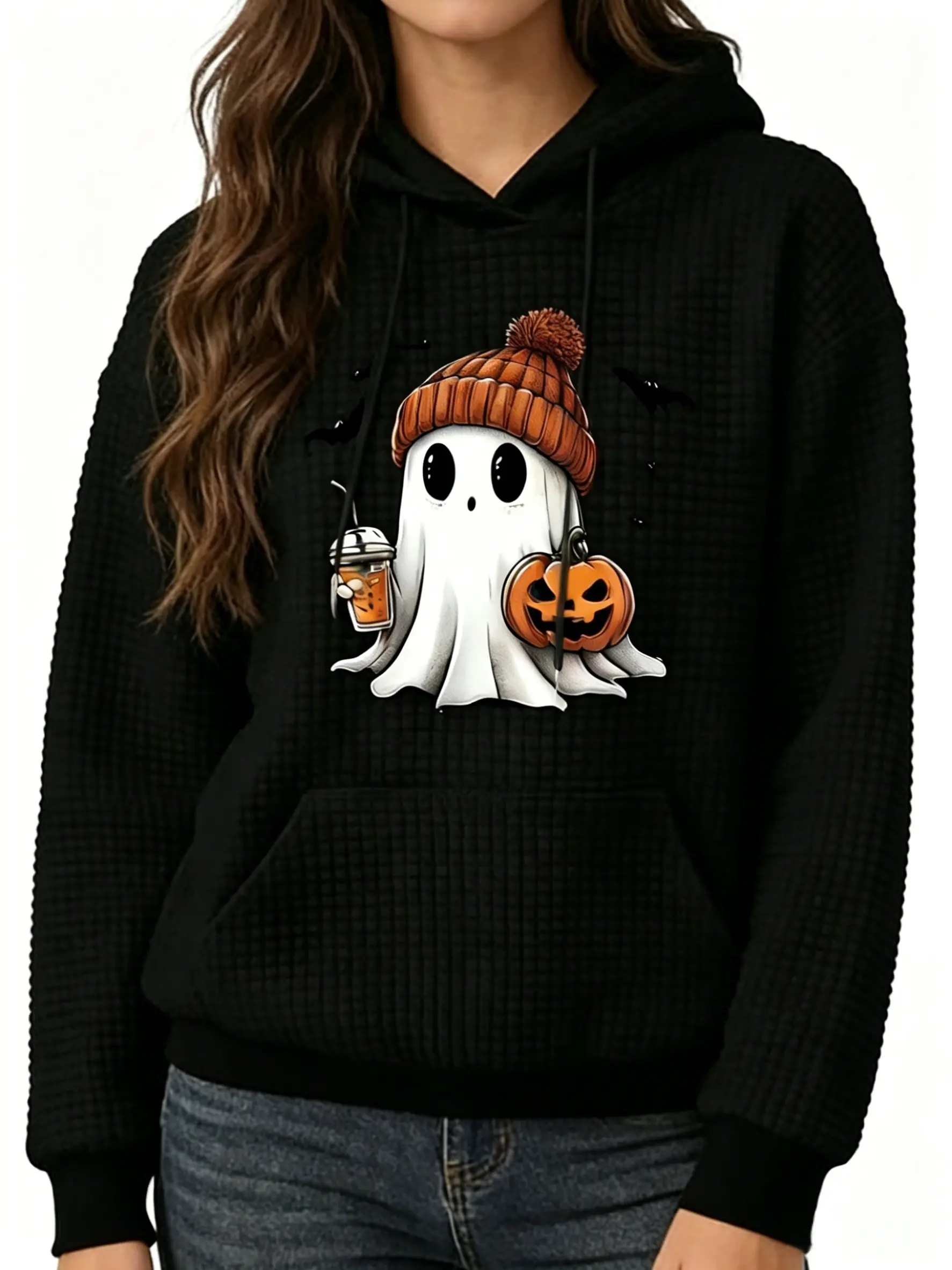 Oversized Hoodies Pullover Women Pumpkin Print Long Sleeve Waffle Hoodies Vintage Hooded Sweatshirt Cute Pullover Outfits Shirts & Hoodies