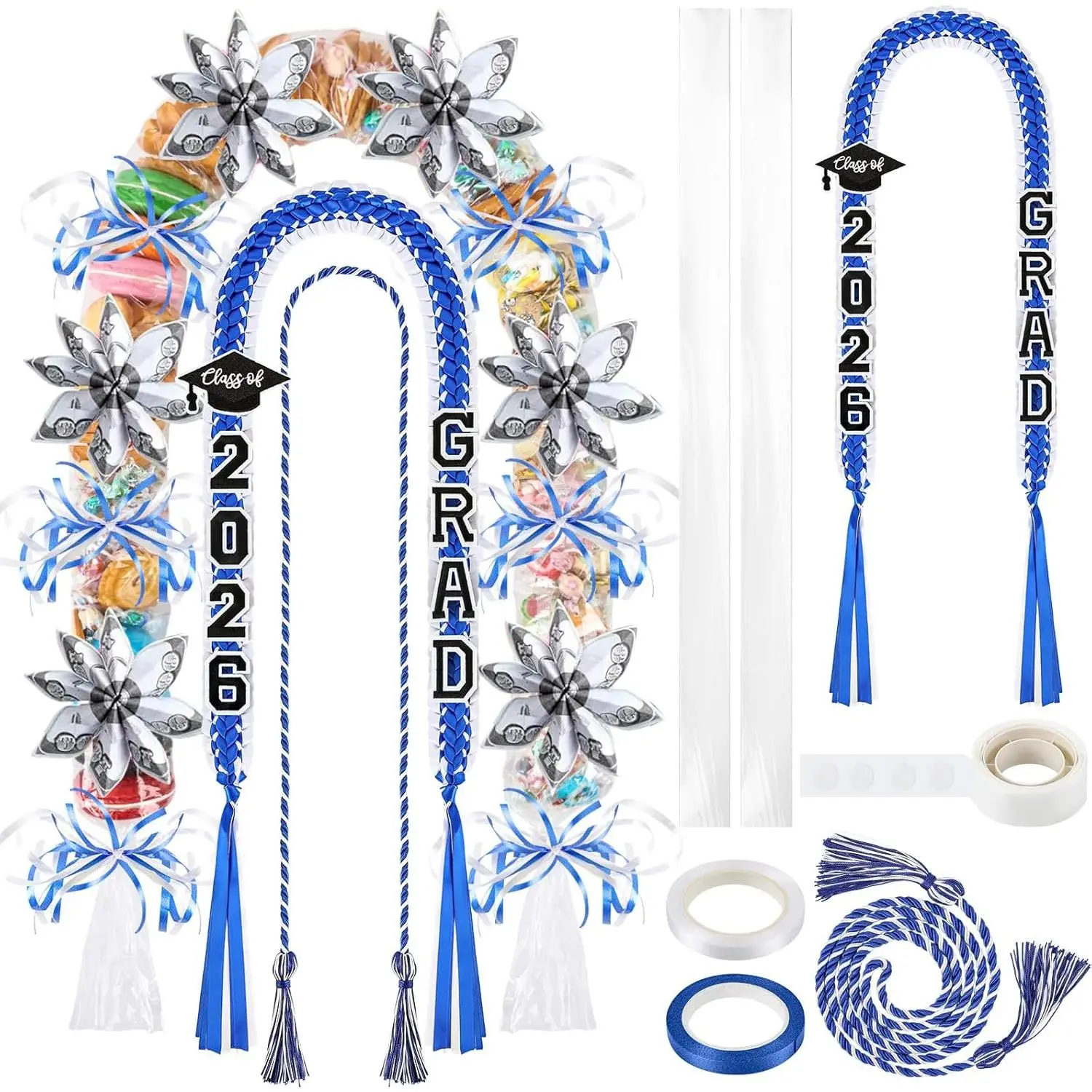 16 Pcs Graduation Leis 2026 Graduation Candy Lei Kit with Honor Cord Class of 2026 Graduation Ribbon Double Lei Necklace Graduation Gift Party Accessories for Women Men