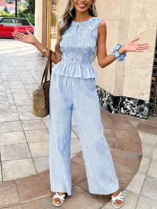 Spicy Coquette Vintage French Cottagecore Casual Blue & White Striped Smocked Peplum Sleeveless Tank Top & High Waist Wide Leg Pants Vacation, Beach Two-Piece Set