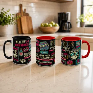 Dungeon Crawler Carl Neon Pop Art Quote Collage Coffee Mug - Featuring Princess Donut, 'Mongo is Appalled' & Desperado Club - Large Two-Tone Ceramic Tea Cup Perfect for LitRPG Fantasy Book Series Fans and Audiobook Listeners