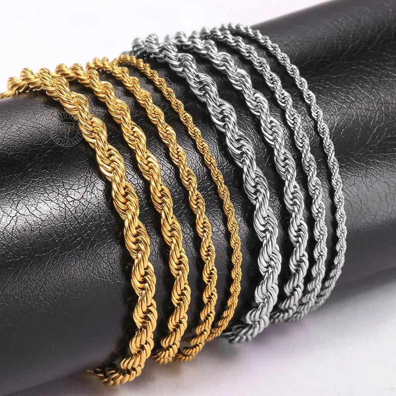 Stainless Steel Twisted Rope Chain Bracelet 2/3/4/5mm Width Gold/Silver Color Unisex Jewelry for Men Women 18cm Length with 5cm Extension Link
