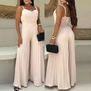 ChicMe Women's Pleated V Neck Spaghetti Strap Valentine's Day Waist Jumpsuit Casual Wide Leg Flared Romper Party Evening Gown for Wedding & Wedding Guest