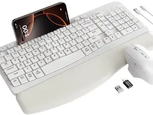 SABLUTE MA22 Wireless Keyboard & Mouse Combo Ergonomic Wave Keys Cushioned Palm Rest Rechargeable with Type-C Phone Holder Whisper Mouse 99% Device Compatibility(non-bluetooth)