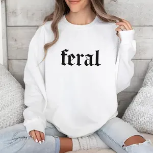 Women's "Feral" Gothic Graphic Sweatshirt – Retro Aesthetic Oversized Crewneck, Casual Streetwear Pullover