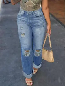 Women's High Waist Ripped Wide Leg Jeans, Casual Light Blue Denim Jeans with Pockets, Spring/autumn Daily Wear Pants Womenswear