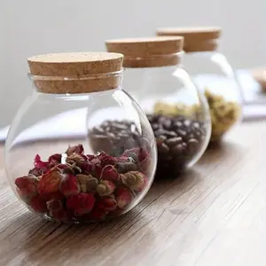 Round Glass Jar Multi-purpose Glass Storage Jar with Cork Lid, Kitchen Food Jar for Coffee, Tea, Spices, Nuts, Candy, Bath Salts, Hand Wash Reusable Kitchen Tissue Container Smooth Transparent