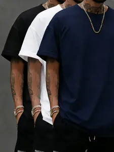 Men's Heavyweight 100% Polyester T-Shirt, Soft Breathable Round Neck, Loose Fit, Casual & Formal Wear, Essential Three-Pack Set