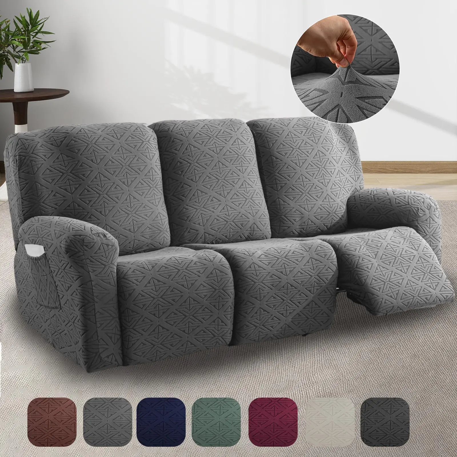 3-Seater Recliner Elastic Slipcover, Polyester Blend High Stretch Hugs Curves Furniture Protector, Geometric Triangle Design, Stain Proof, Stays Put Stretch, Slip-On Saves Time and Effort, Non-Slip Washable Pocketed Home/Office Decor Cover, 1-Piece
