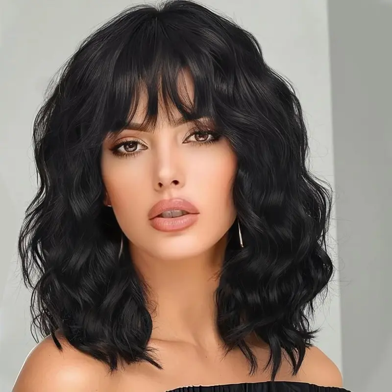 150 Short Curly Hair Wig with Bangs for Women 14 Inch Black Matte High-Temperature Fiber Rose Net Cap Elegant Wavy Style Perfect for Holidays & Casual Attire Everyday Wig Wear Stylish Hairpiece Breathable Wig Accessories