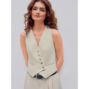 Cider [2 colors, size 0-26] French Riviera Vacation Linen-blend V-neck Solid Button Jacket Vest SwimWeek