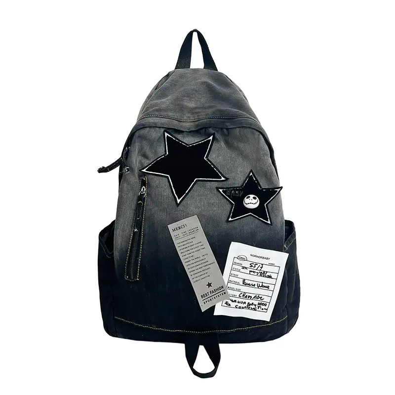 Gradient washed denim backpack with star patch stickers, vintage Y2K aesthetic laptop book bag, casual school travel daypack for teenagers