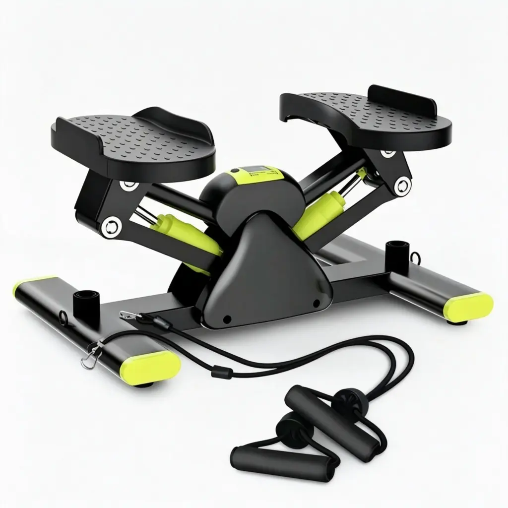 Mini Stepper Exercise Machine with Resistance Bands - Hydraulic Stair Stepper with LCD Monitor, Quiet Compact Full Body Workout Cardio Fitness Equipment for Home Office, Black Green