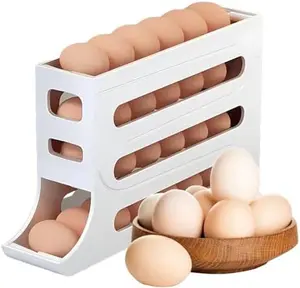 Automatic Rolling Egg Storage Organizer 4-Tier Space-Saving Fridge Holder for 28 Eggs White PP Plastic Kitchen Cabinet Refrigerator Tray