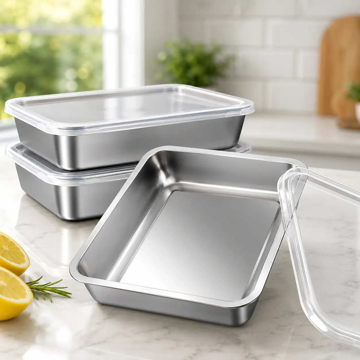 Stainless Steel Food Storage Containers with Lids - Eco-Friendly, Durable, Leakproof, Airtight, Dustproof 74.4 oz (9.8"x7.9"x2") Reusable Meal Prep Bento Boxes for Work, School, Stackable Dishwasher-Safe Home Organizer Storage Bins, 3Pcs, Square, Kitchen