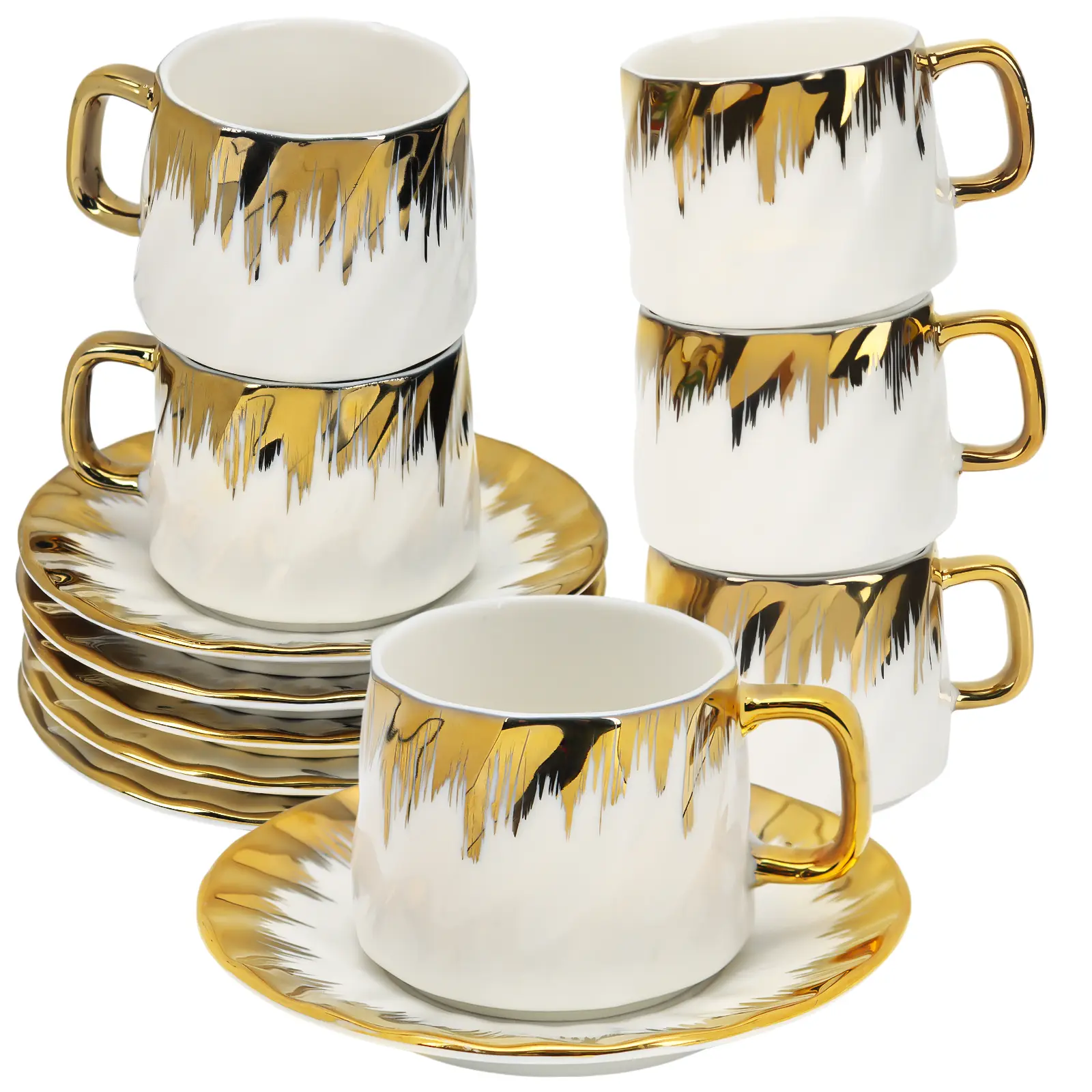 6-Piece 100ml Turkish Ceramic Coffee & Tea Cups with Saucers - Elegant White Espresso, Cappuccino Cups, Ideal for Home, Cafe Use, Great Gifting Kitchen Drinkware Set