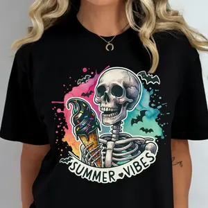 Summerween Skull Tees Summer Vibes Watercolor Ice Cream Skull Tshirt  I'm Freakin Melting Skull Tee Living the Dream Skeleton Tshirt Beach Skull T-Shirt Summer Rocker Tees Just Waiting for Aalloween Tees