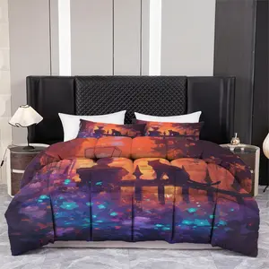 3pcs Printed quilt three-piece set (1 quiltr+2 pillowcases) - Vibrant Fantasy Cat Bedding Set, Mystical Twilight Landscape Print, Glowing Floral Comforter Set, Soft Cozy Polyester, Aesthetic Bedroom Decor, All Season Quilt.