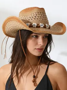 Sweet Girl Vacation Hat, Daisy Wide Brim Cowboy Straw Hat, Sun Protection, Breathable, Western Style, Beach Holiday, Music Festival