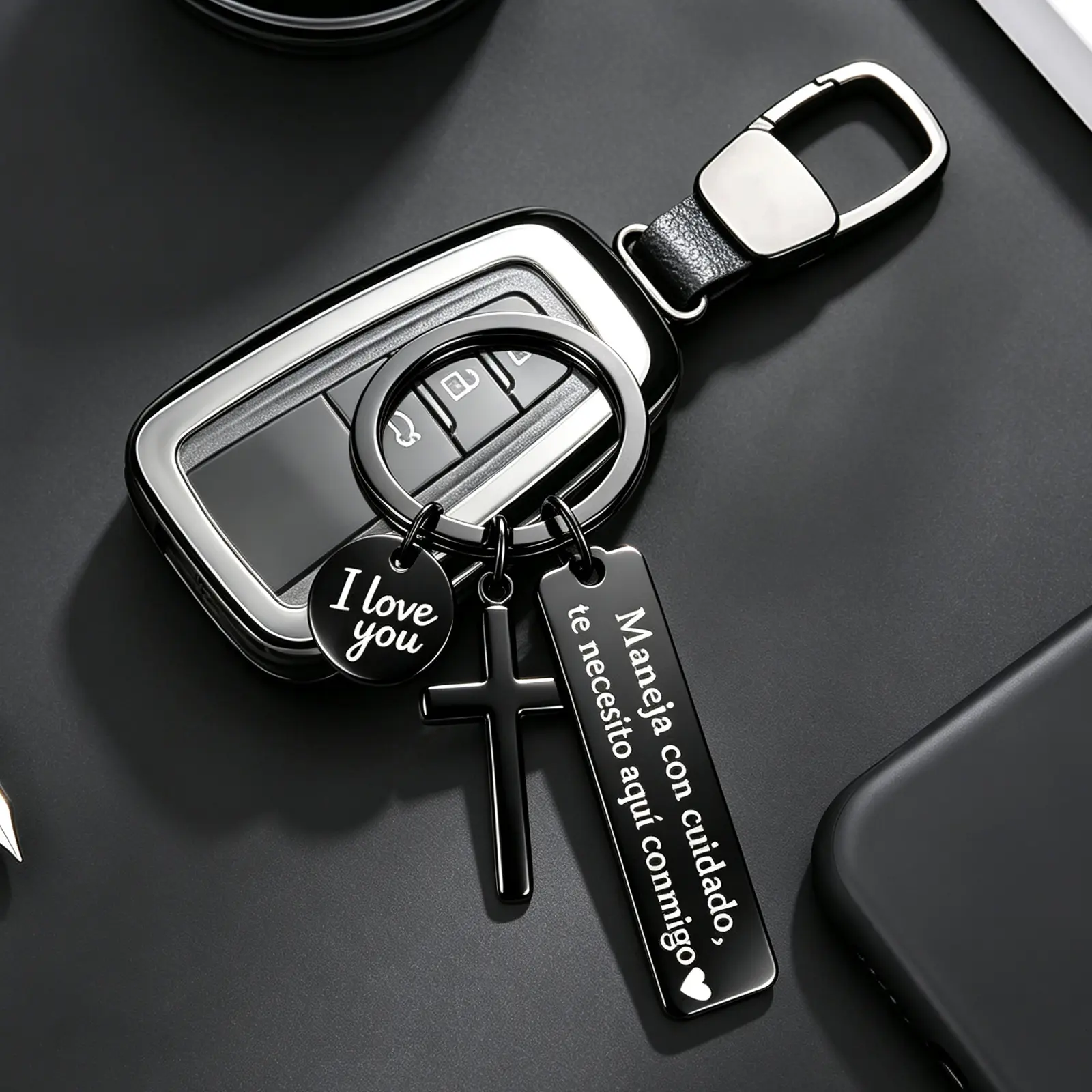Maneja Con Cuidado Te Necesito Aquí Conmigo Keychain with Cross & "I Love You" Charm, Spanish Drive Safe Stainless Steel Keyring, Romantic Religious Keychain, Gift for Him/Her,back to school,back to school haul