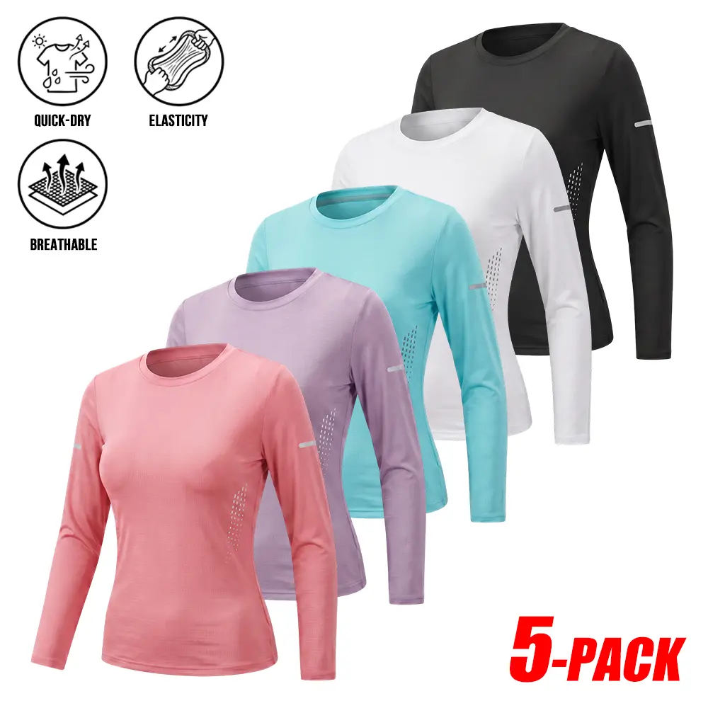 5-PACK Women Long Sleeve Performance Athletic Shirts, Quick Dry Highly Breathable Lightweight Technical Fabric, Minimalist Old Money Athleisure Workout Wardrobe Staple For Running, Yoga Training And All-Season Outdoor Sport Base Layer Multipack Bundle