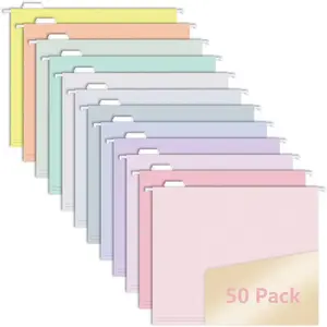50pcs Hanging File Folders, Pastel Color Design, Letter Size with 1/5 Adjustable Cut Tabs, Assorted 12 Styles, Decorative for Drawer, Desk and Cabinet Use
