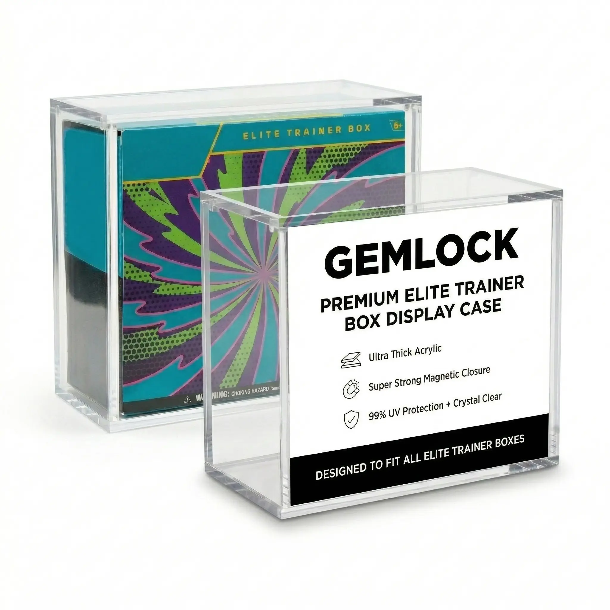 GemLock Elite Trainer/Booster Box Clear Acrylic case for ETB 8mm + 5mm Thick Premium Acrylic Protector Case for Collectors, UV 99.9% Proof, Stackable Design