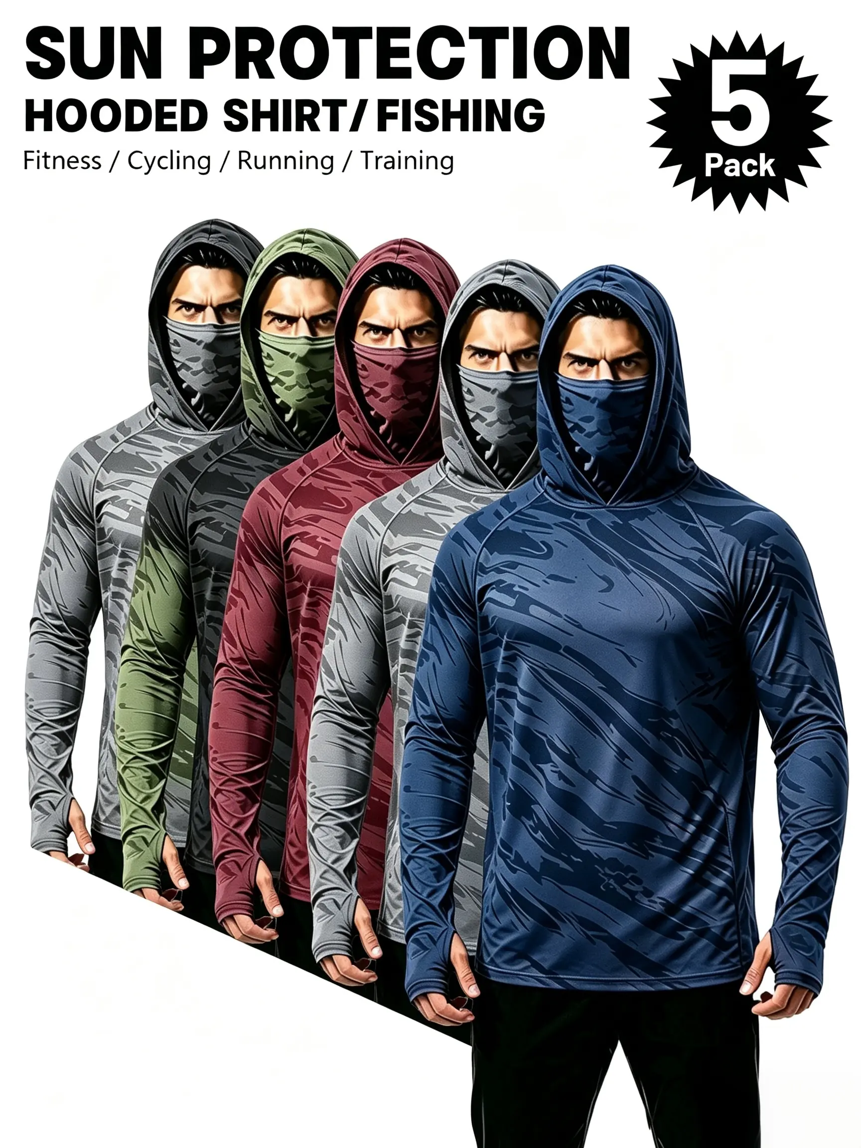 Men's 5-Pack Performance Hoodie Shirt with Built-in Face Mask - Moisture-Wicking Breathable Long Sleeve Sun Protection Athletic Gear for Gym, Running, Fishing & Outdoor Sports